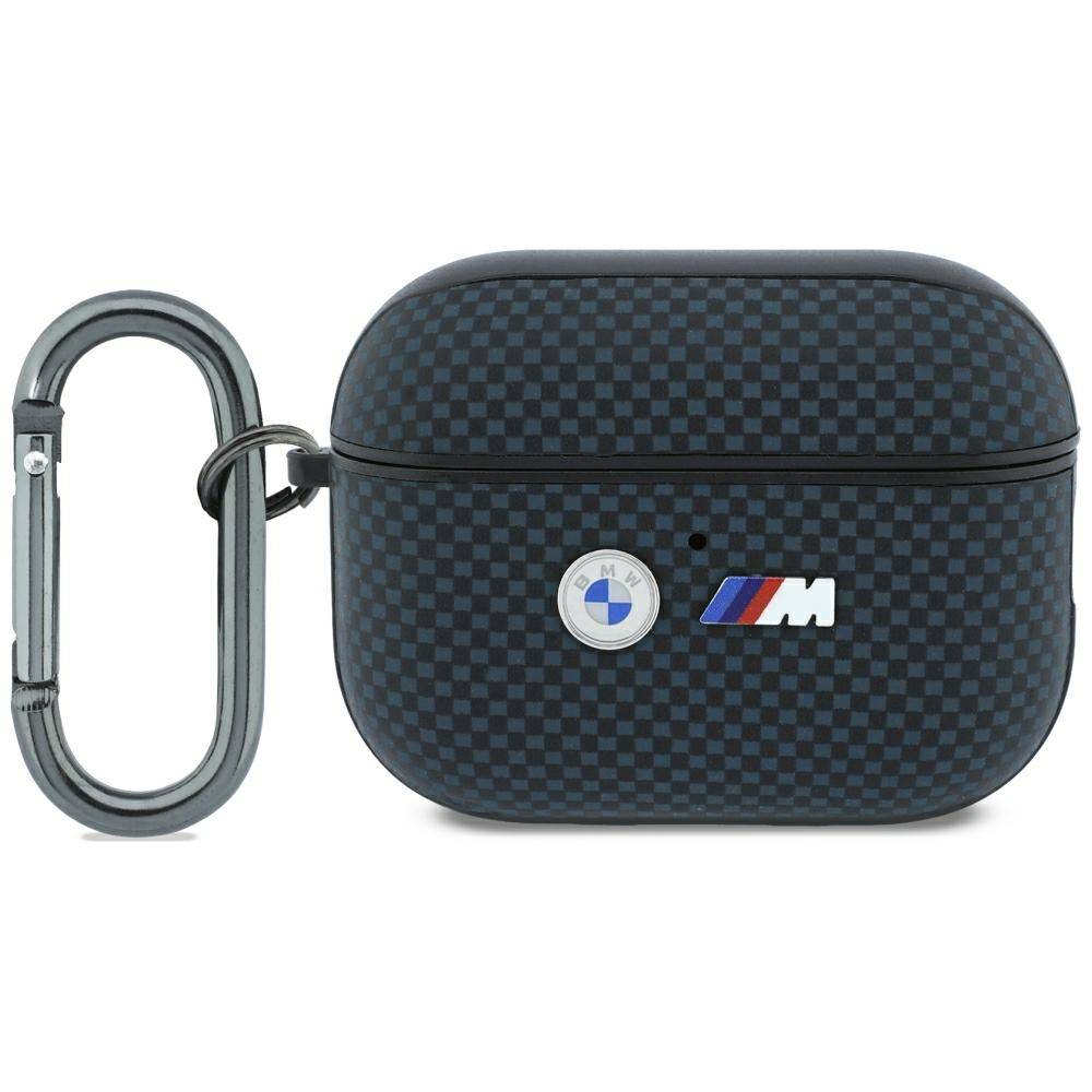 BMW Hülle AirPods Pro 3 Steppmuster Kevlar Logo Metall mit Karabiner blau