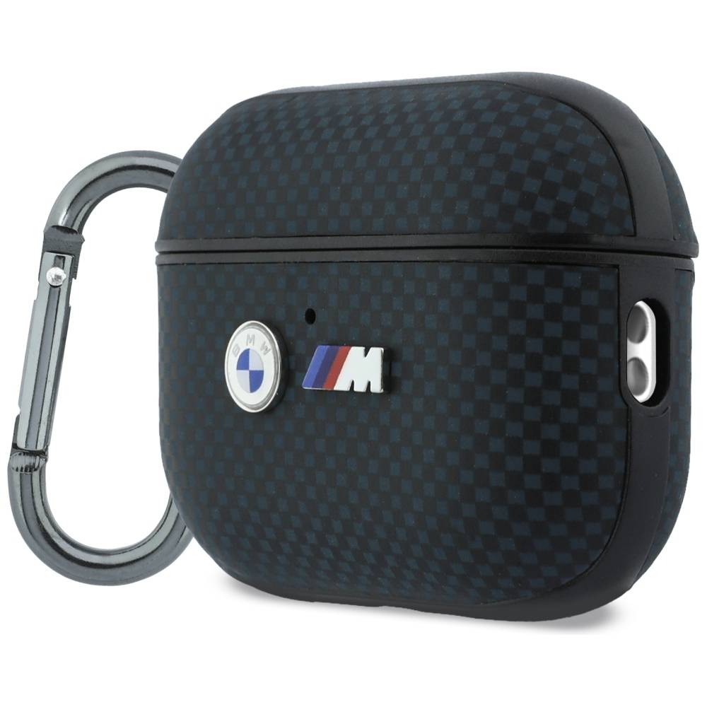 BMW Hülle AirPods Pro 3 Steppmuster Kevlar Logo Metall mit Karabiner blau