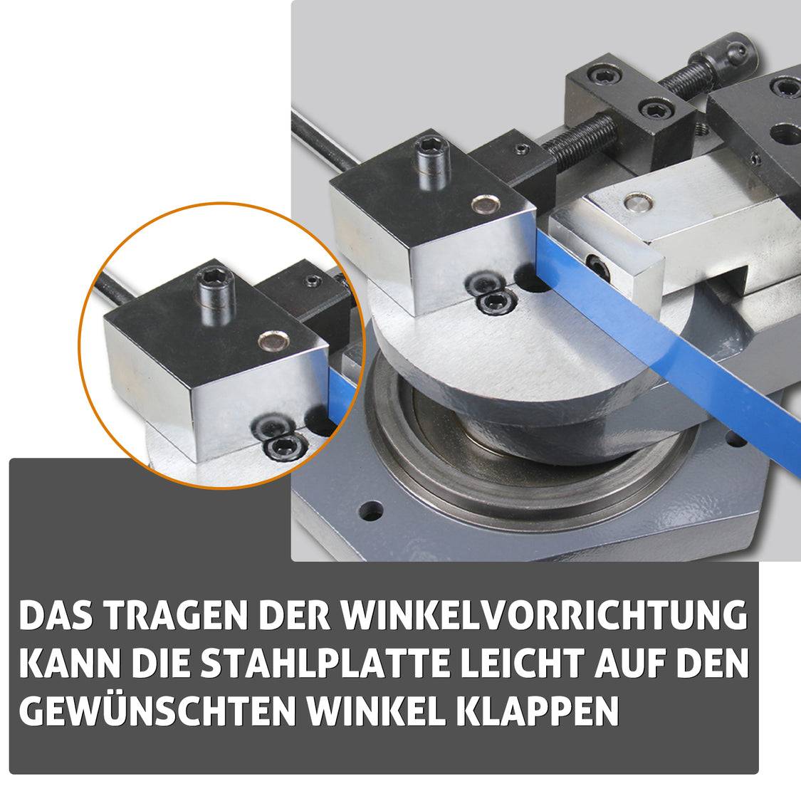 Metallwinkelverstellvorrichtung, die eine Stahlplatte in einen gewünschten Winkel biegt, mit einer Nahaufnahme und deutscher Beschriftung.