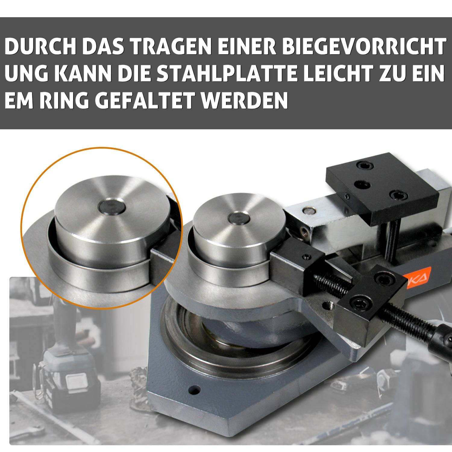 Deutsches Anleitungsgrafik zeigt ein Metallblechbiegwerkzeug, das Stahlbleche leicht in einen Ring formt, mit einer vergrößerten Darstellung des Walzenmechanismus.