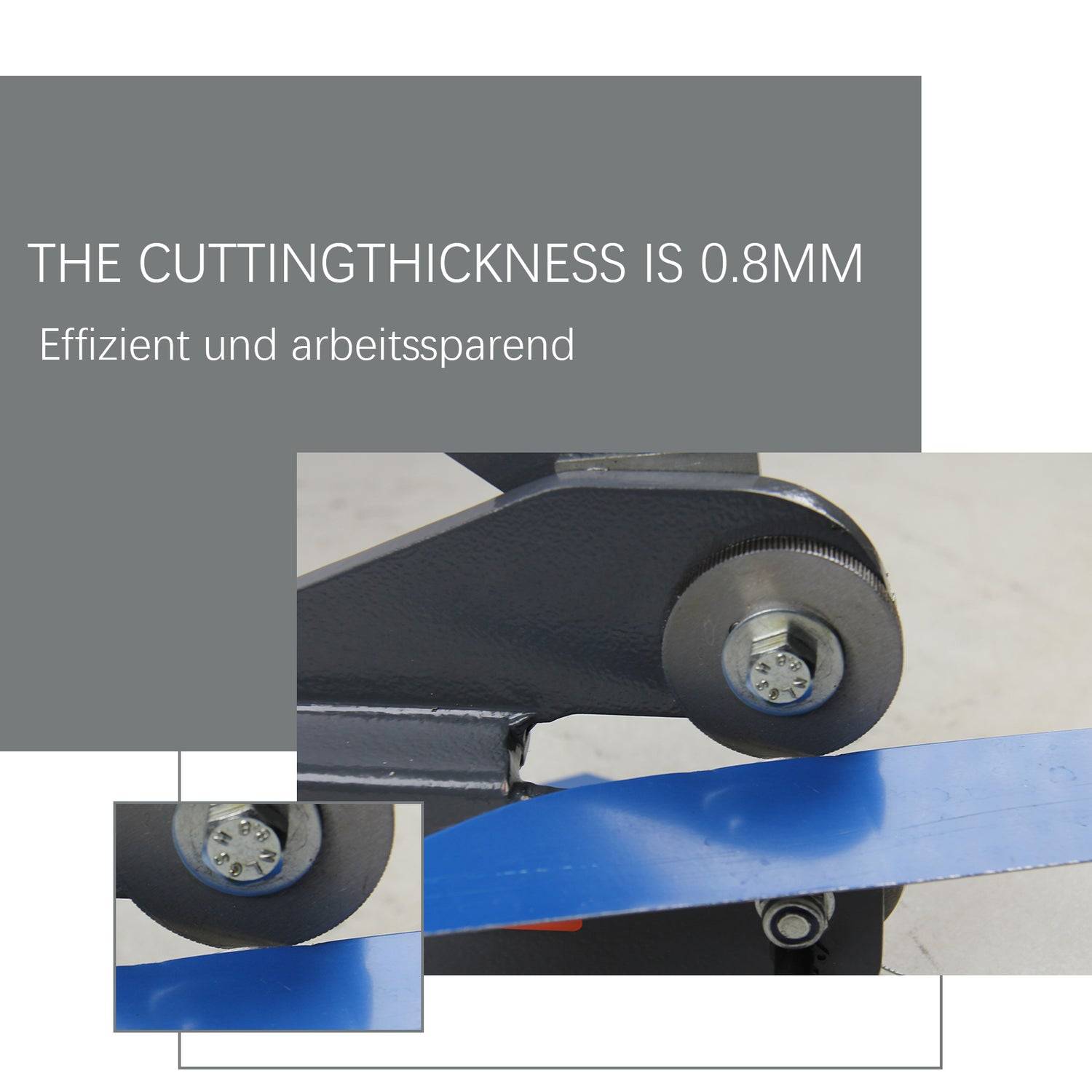 Werbebild eines Schneidwerkzeugs auf einem blauen Streifen mit dem Text „DIE SCHNEIDDICKE BETRÄGT 0,8 MM" und „Effizient und arbeitssparend"