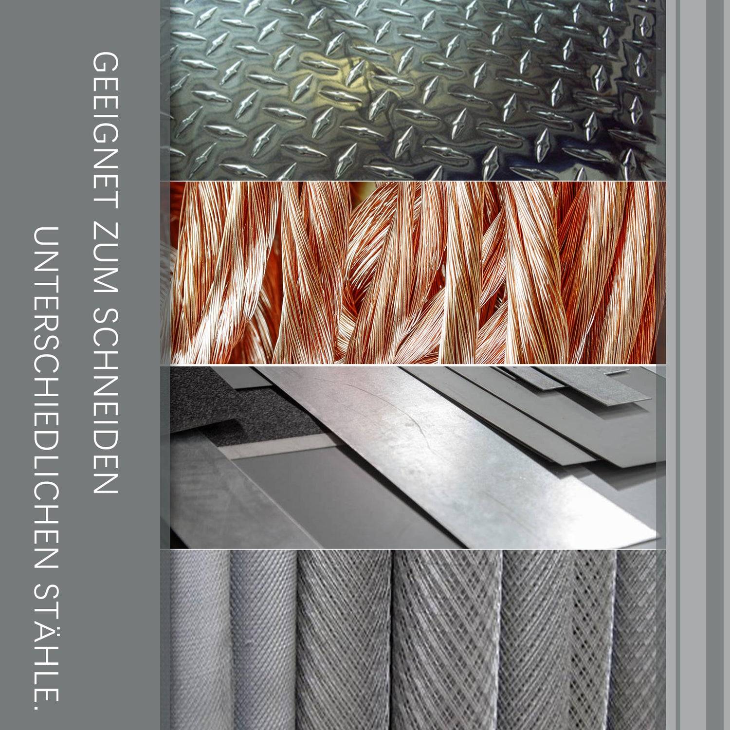 Vertikaler deutscher Text auf einem grauen Streifen neben vier gestapelten Materialmustern: Gemustertes Stahlblech, Kupferkabel, flache Metallbleche und gewebtes Stahlgeflecht.