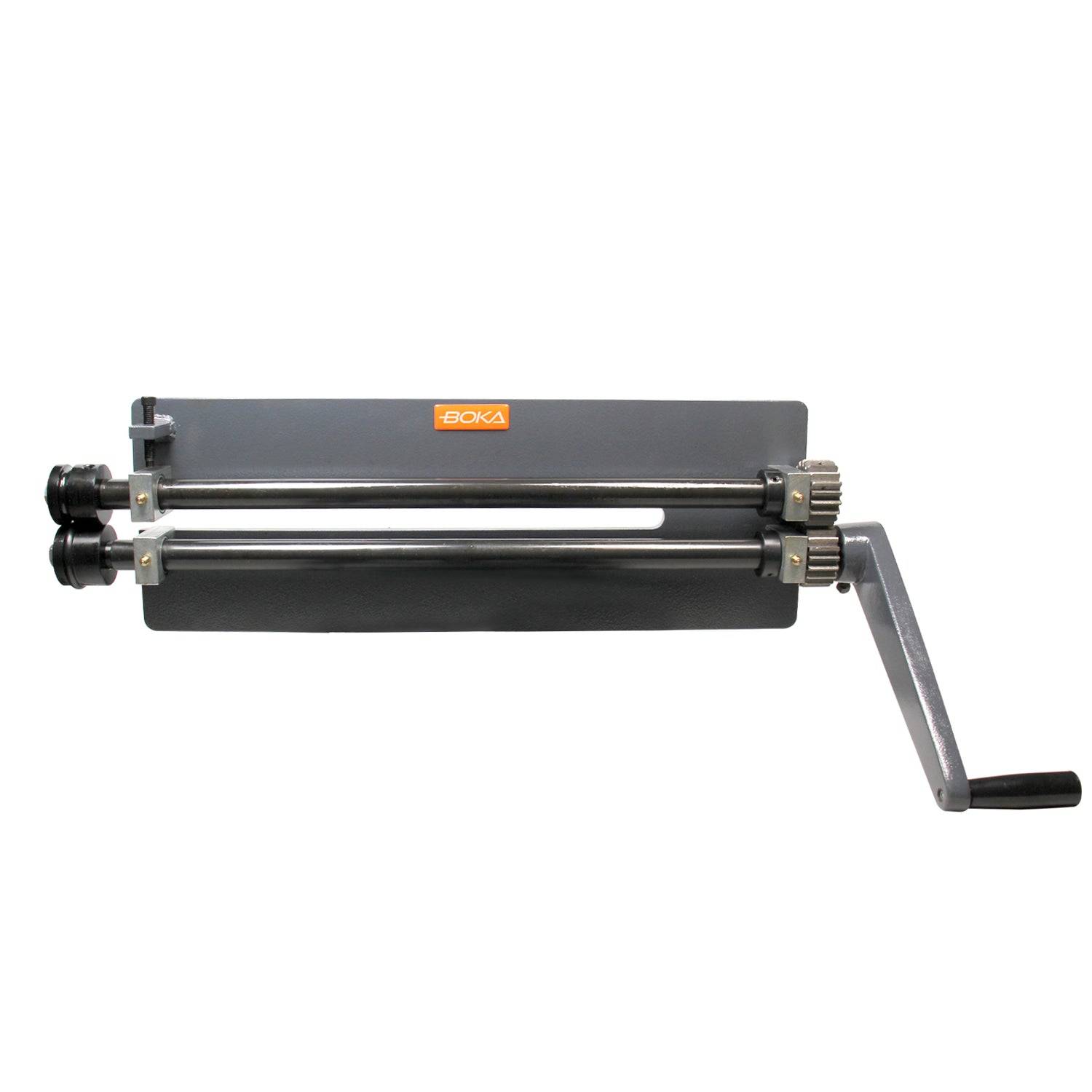 Handkurbel-Metallwalzenmaschine mit zwei zylindrischen Walzen, Seitenzahnrädern und schwarzem Gehäuse auf weißem Hintergrund.