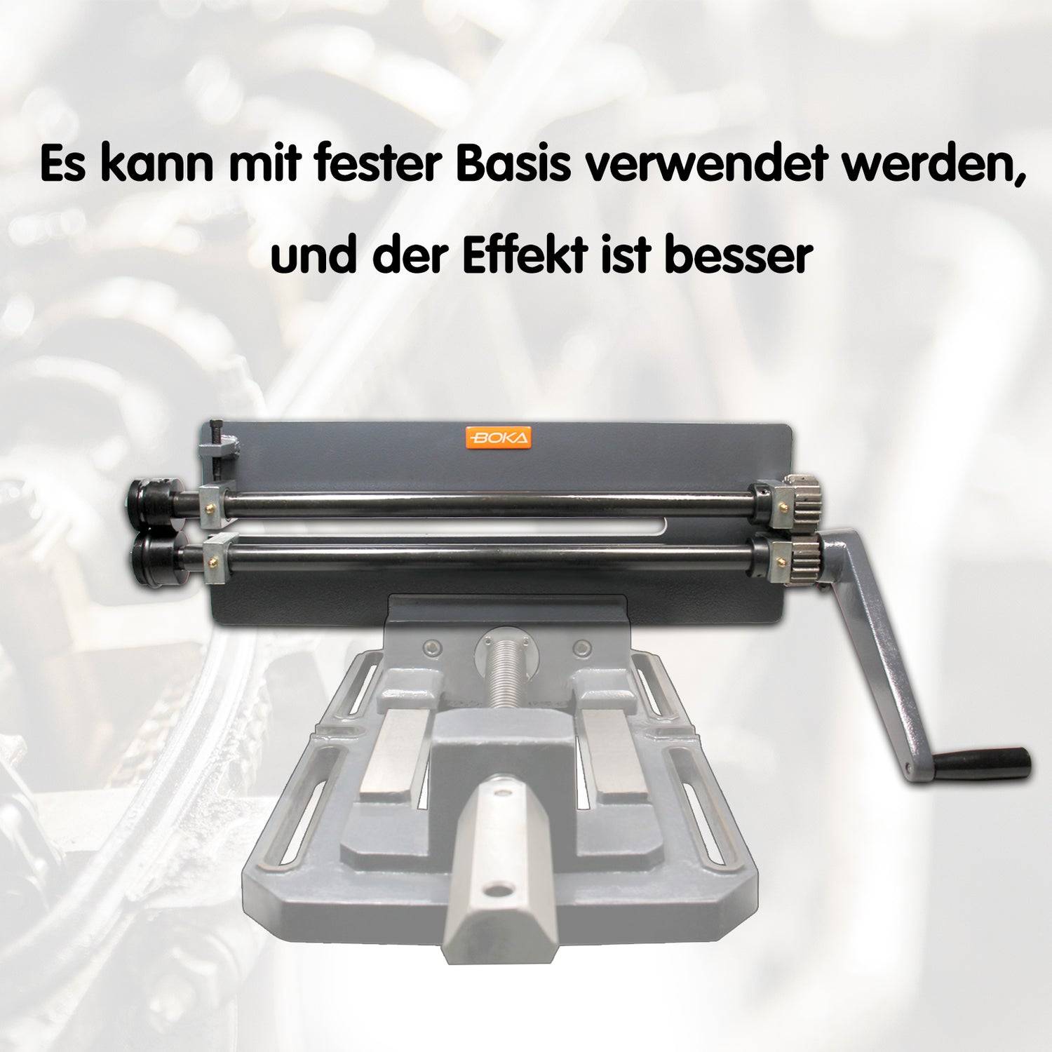 Metallpapierfalzer auf festem Untergrund, mit deutschem Text, dass er auf einer stabilen Oberfläche für bessere Ergebnisse verwendet werden kann.