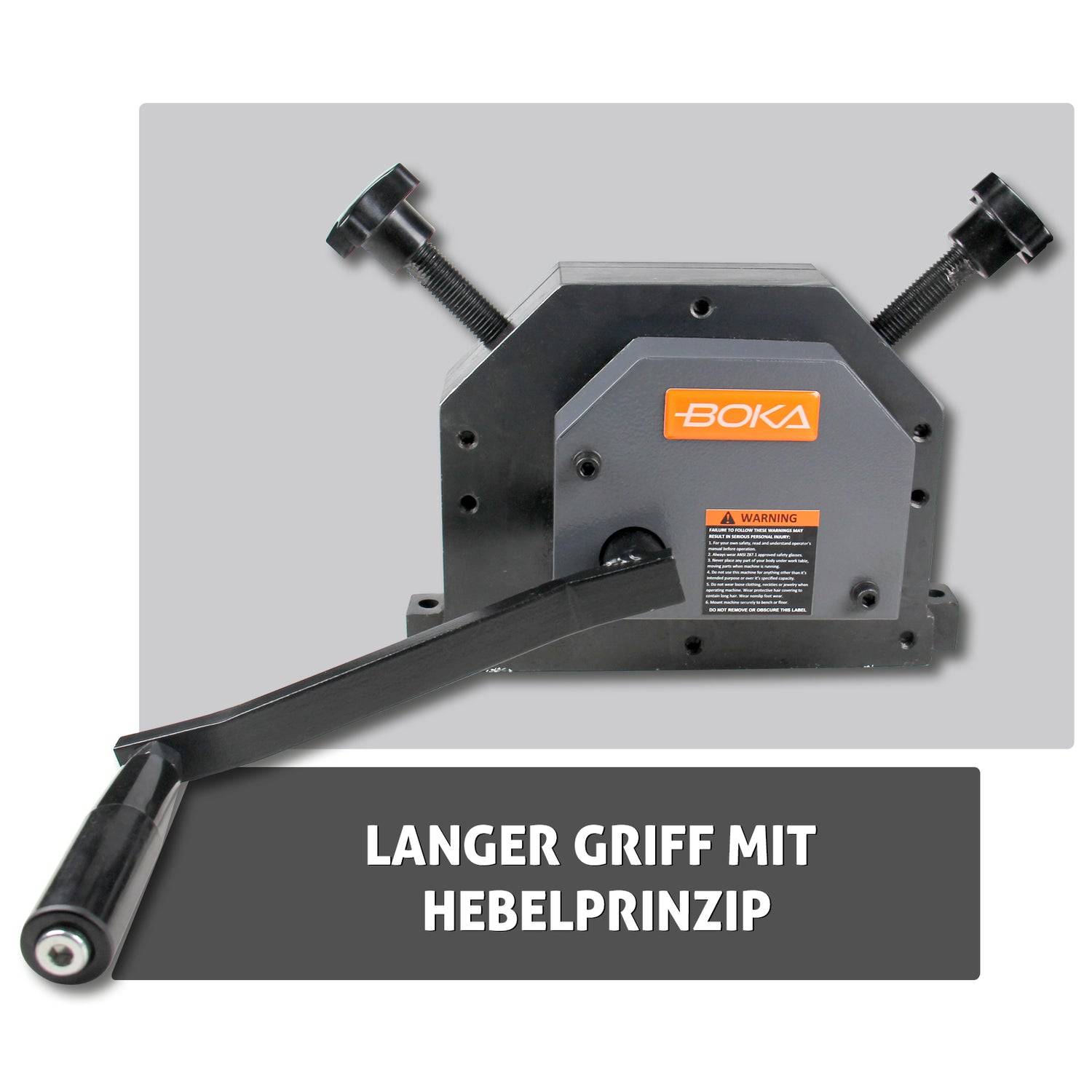 BOKA mechanische Klemme mit Hebel und zwei Schraubenbolzen, mit der Aufschrift „LÄNGERER GRIFF MIT HEBELPRINZIP
