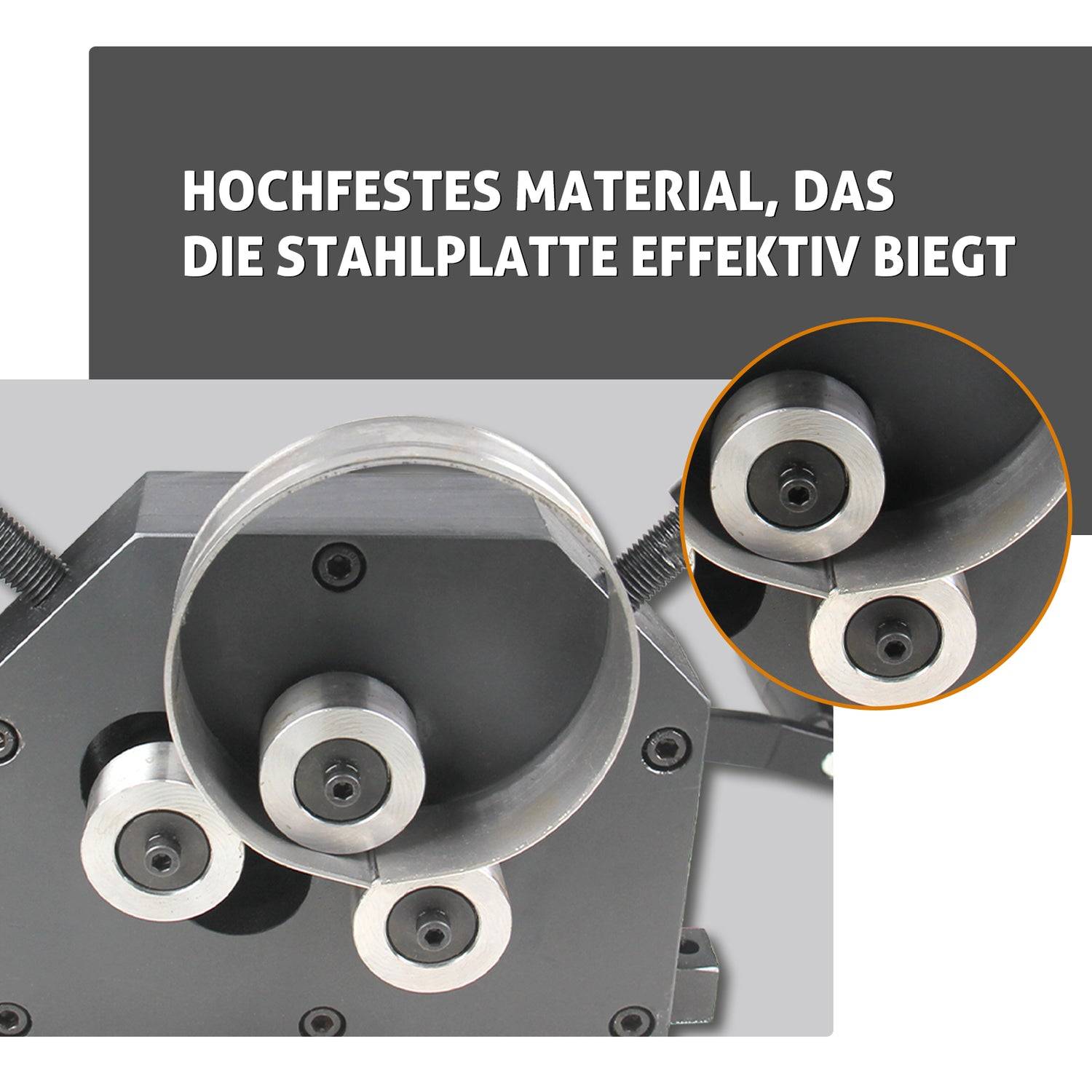 Stahlblechbiegemaschine mit Rollen, in Nahaufnahme mit eingefügtem Detail dargestellt; deutscher Text besagt "Höchstes Material, das Stahlblech effektiv biegt"".