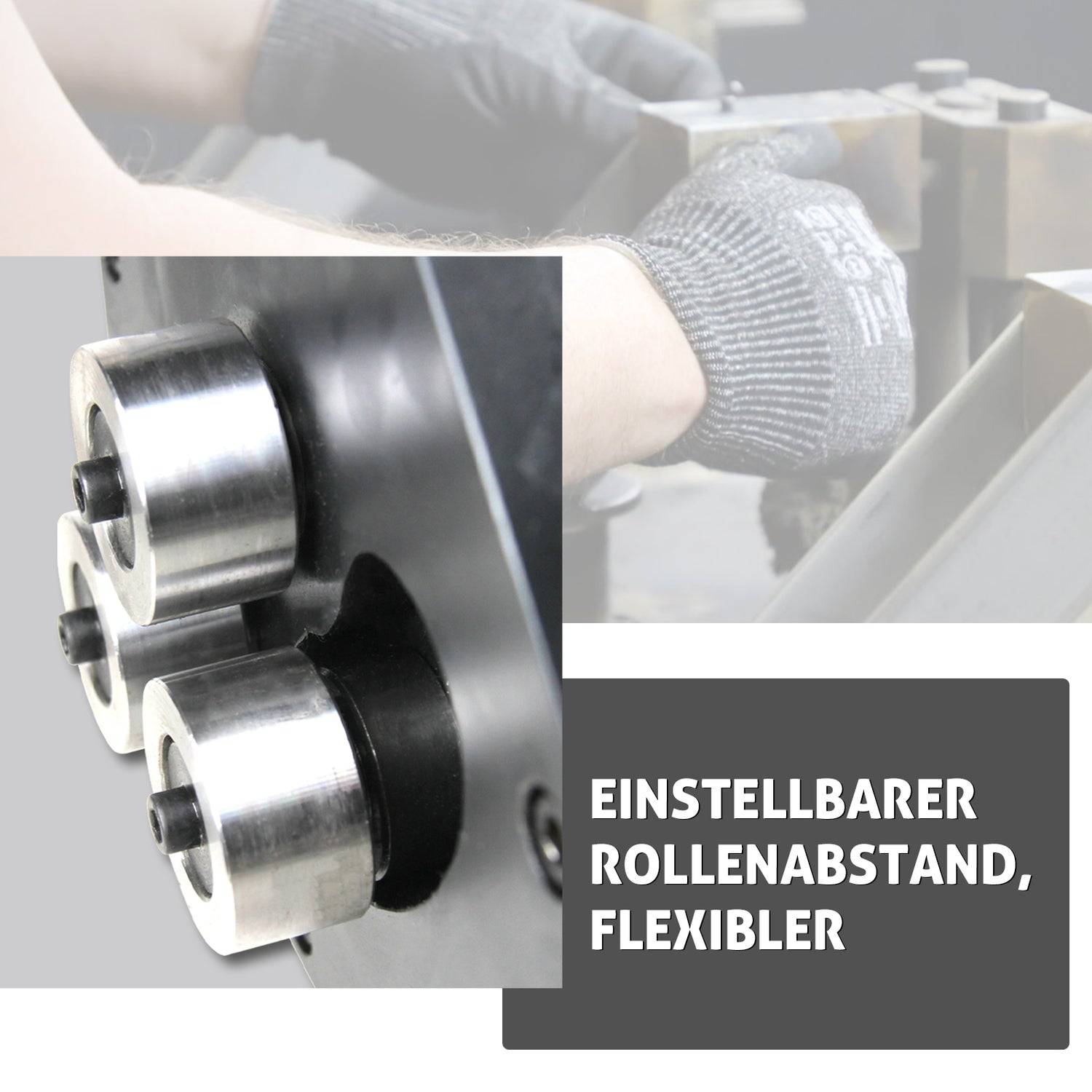 Nahaufnahme von verstellbaren Rollen an einer Maschine mit Text, der „EINSTELLBARER ROLLENABSTAND, FLEXIBLER" liest und verstellbaren Rollenabstand für Flexibilität anzeigt.