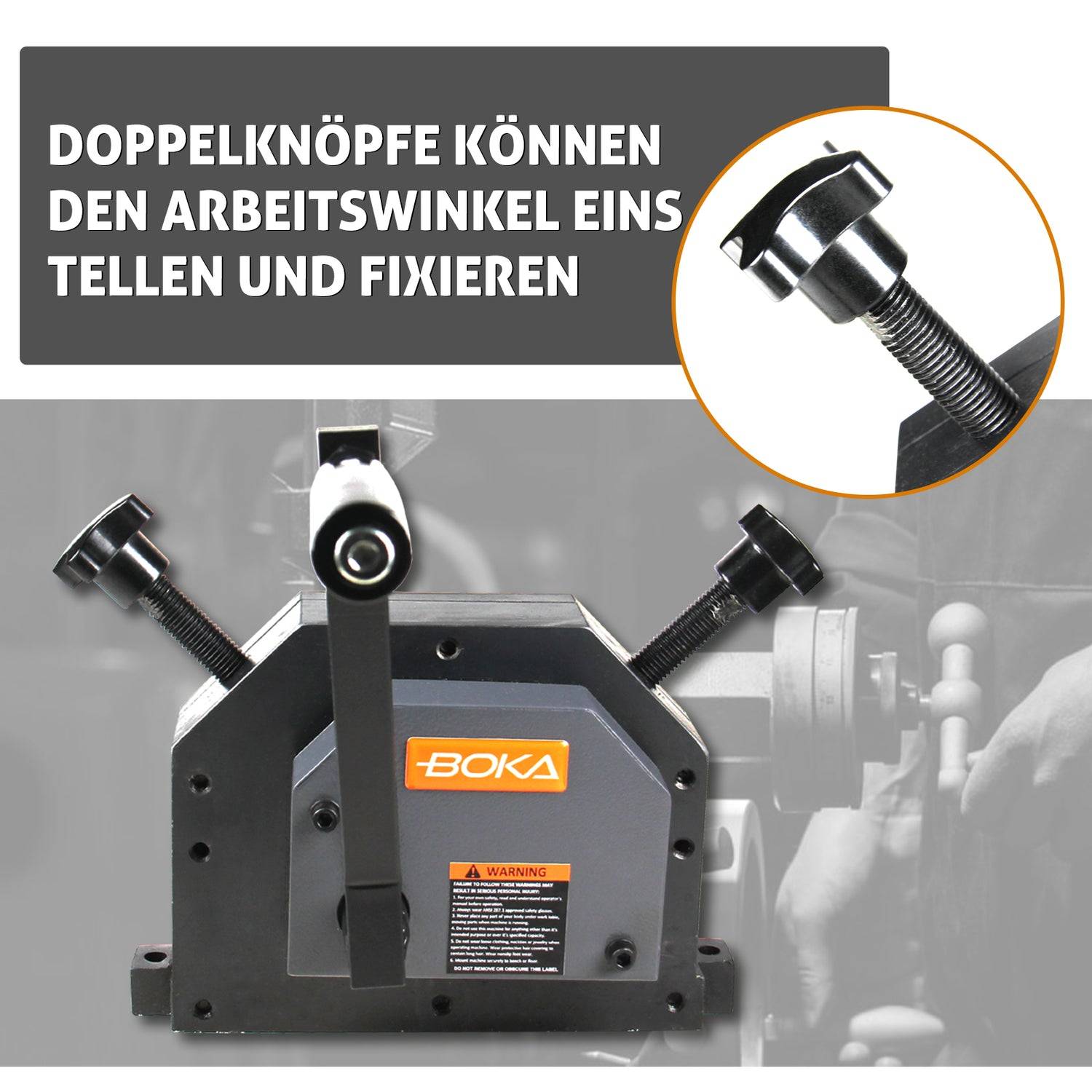 Doppelte Knöpfe ermöglichen es, den Arbeitswinkel an einer BOKA-Maschine einzustellen und zu fixieren, dargestellt mit einer Nahaufnahme des Knopfes.