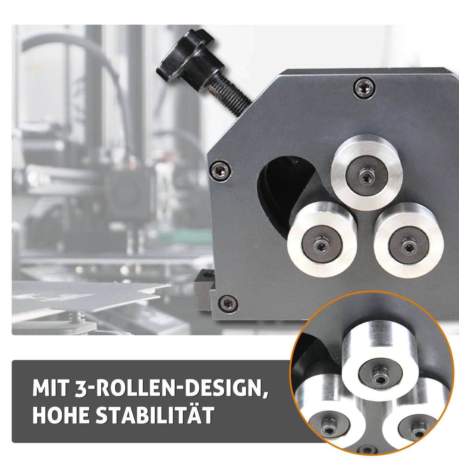 Nahaufnahme eines dreirollen-Industriewerkzeugkopfes mit dem deutschen Text „MIT 3-ROLLEN-DESIGN, HOHE STABILITÄT", der hohe Stabilität hervorhebt.