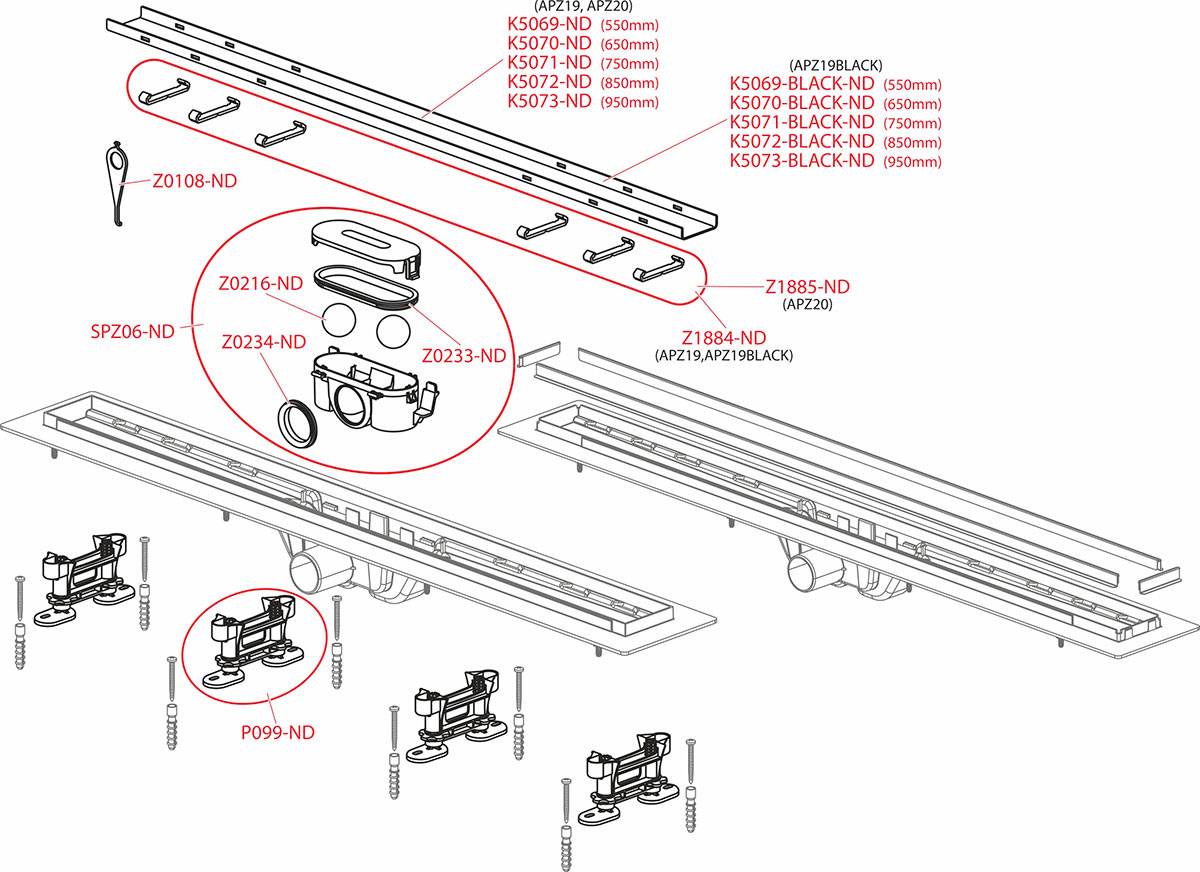 Explosionszeichnung eines deckenmontierten Schienenbeleuchtungssystems, das Schienen, Halterungen, Beschläge und gekennzeichnete Komponenten mit Teilenummern und hervorgehobenen Baugruppen zeigt.