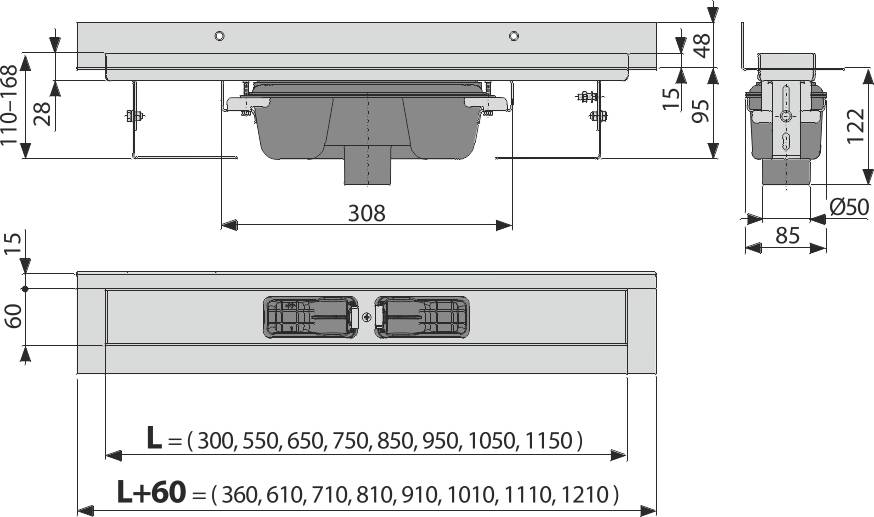 Technische Maßzeichnung einer rechteckigen mechanischen Einheit, dargestellt in Draufsicht und Vorderansicht mit Messleitungen und gekennzeichneten Breiten und Längen.