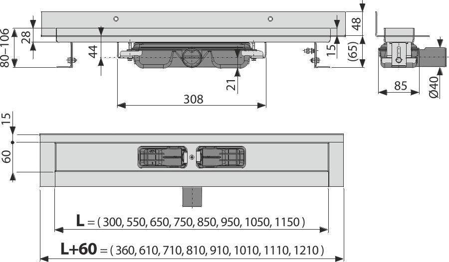 Technische Ingenieurzeichnung eines rechteckigen Maschinengeräts oder Schranks, dargestellt in Draufsicht und Seitenansicht, mit Bemaßungslinien und beschrifteten Maßen.