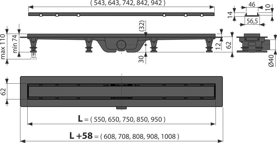 Technische Zeichnung eines langen rechteckigen mechanischen Bauteils mit Draufsicht und Seitenansicht sowie Maßen und Montageelementen.