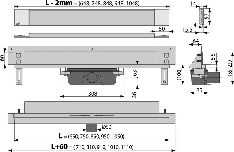 Technische CAD-Zeichnung eines langen rechteckigen Geräts, dargestellt in mehreren orthografischen Ansichten mit Abmessungen und Seiten-/Detailquerschnitten.