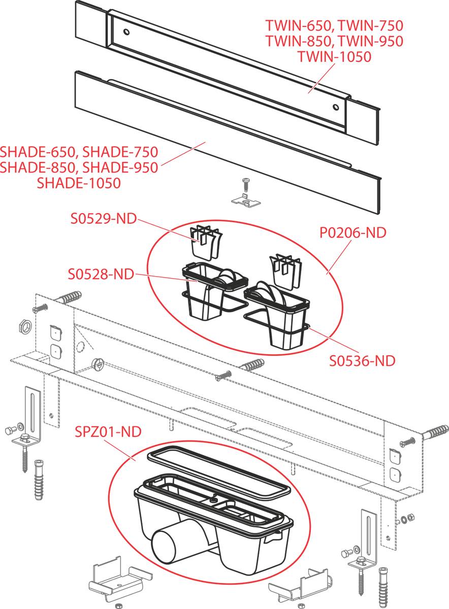 Explosionszeichnung eines wandmontierten Schattenbracket-Systems mit Teilebezeichnungen für TWIN- und SHADE-Modelle, wobei Hardware- und Clip-Komponenten in roten Kreisen hervorgehoben sind.
