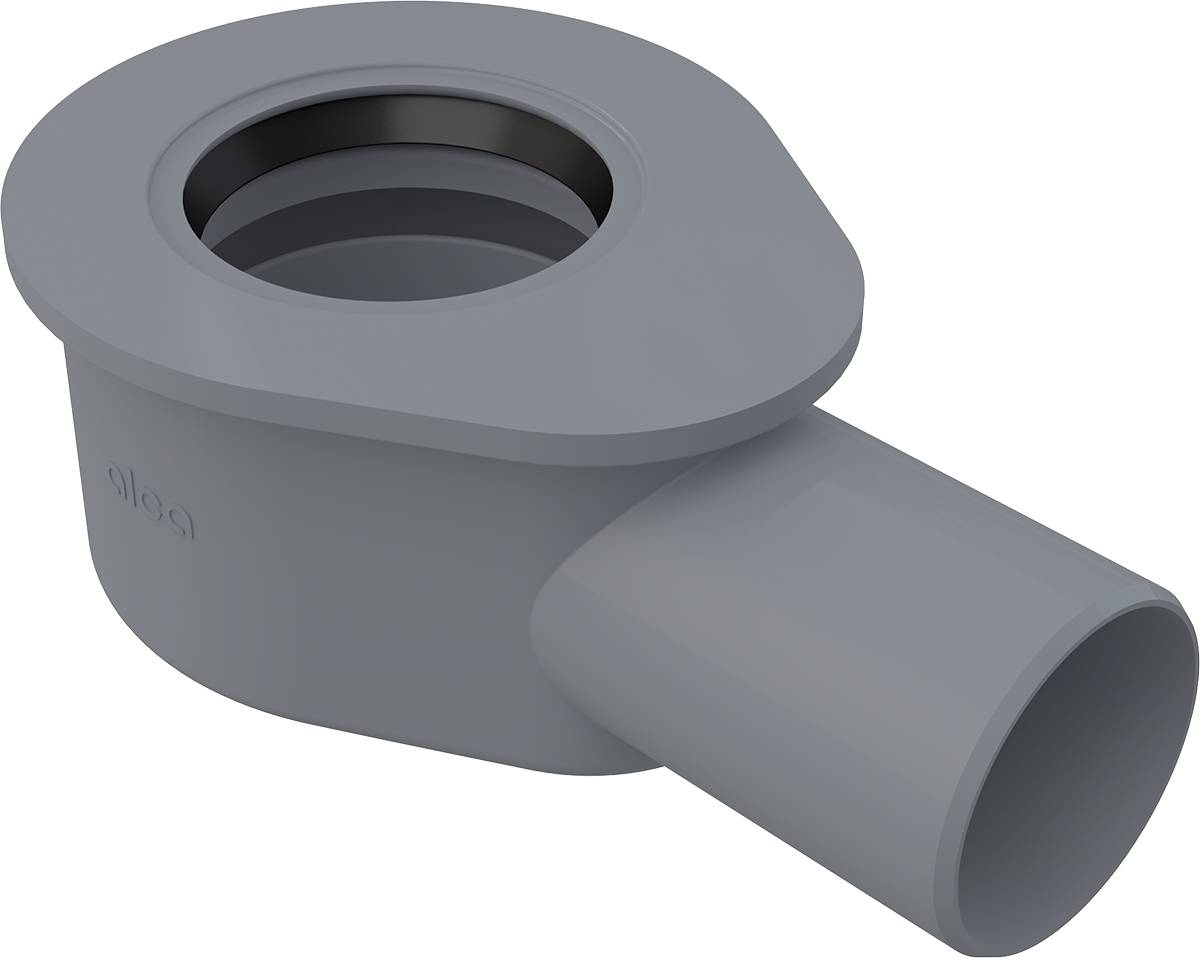 Grau gerendertes 3D-Sanitärarmaturenstück mit kreisförmiger oberer Öffnung und seitlichem Auslassrohr, isoliert auf schwarzem Hintergrund dargestellt.