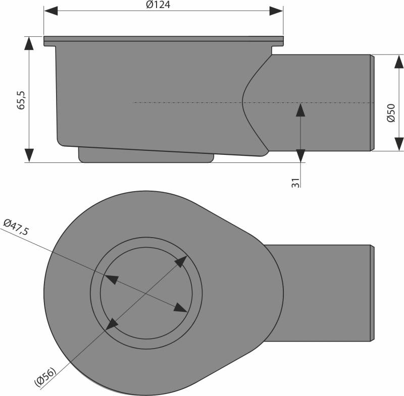 Technische CAD-Zeichnung mit zwei Ansichten eines Metallteils: Seitenansicht und Draufsicht mit Kreisloch, Bemaßungen und Durchmesserangaben.