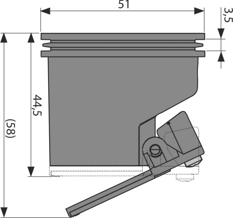Technische Zeichnung eines Behälters mit Abmessungen, die eine seitlich angebrachte schräge Auslaufrinne oder ein Ventilbaugruppe unten rechts zeigen.