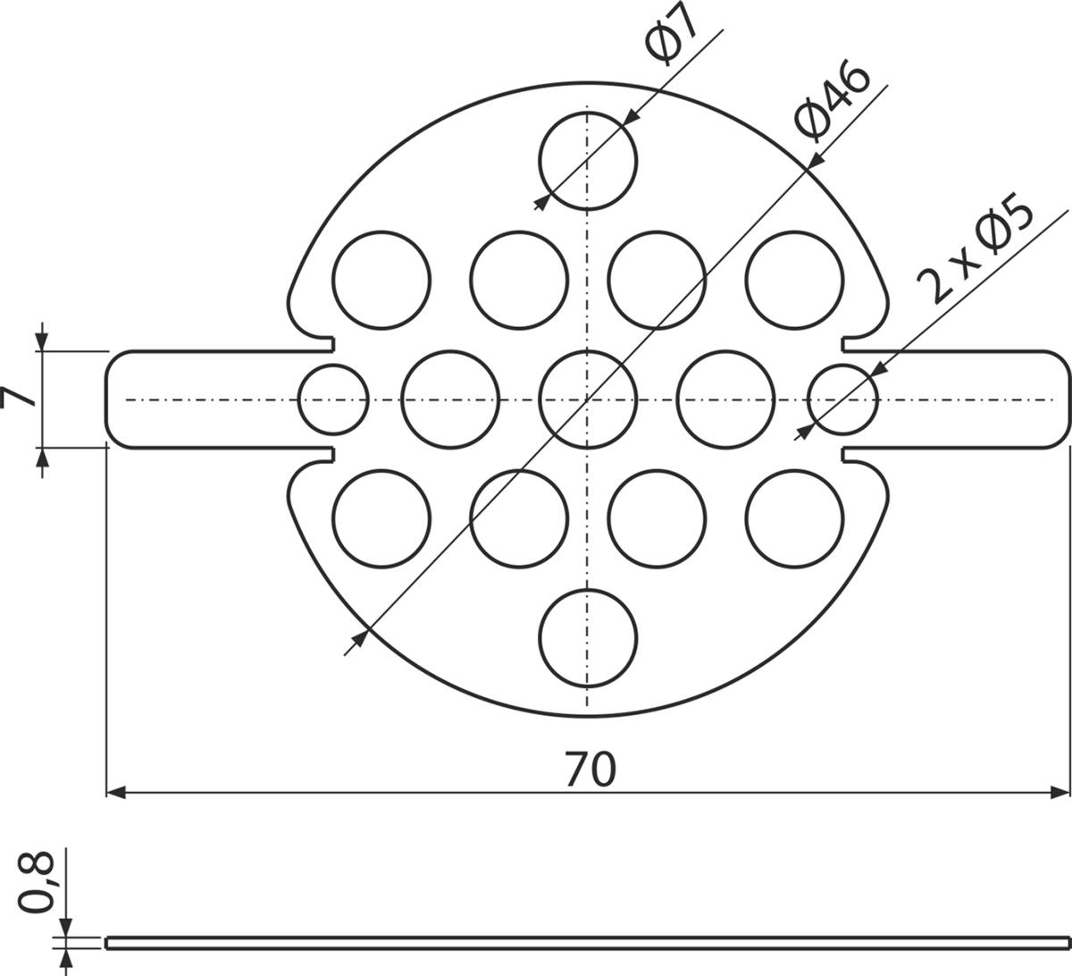 Technische Zeichnung einer kreisförmigen perforierten Platte mit Seitenschlitzen, die das Lochmuster und Abmessungen zeigt, einschließlich 70 mm Breite und mehrere Lochdurchmesser.