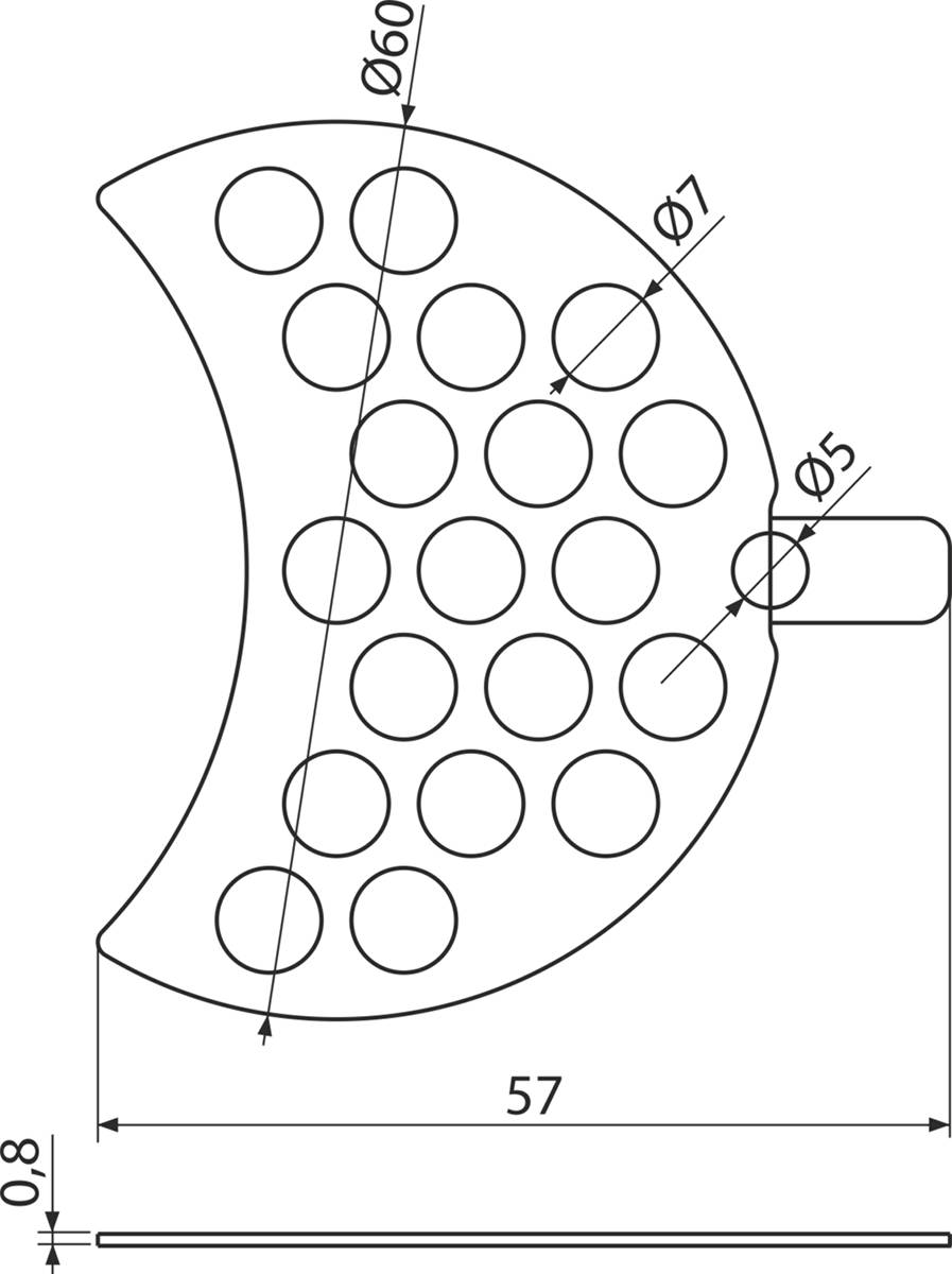 Technisches Diagramm einer gekrümmten perforierten Platte mit mehreren kreisförmigen Löchern, die Lochpositionen und Bemaßungslinien mit den Bezeichnungen 57 und 68 zeigen.