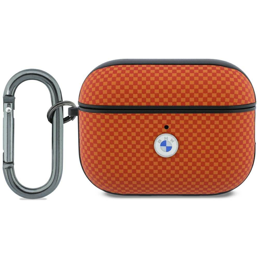 Orange karierter BMW-AirPods-ähnlicher Schutzhülle mit Karabinerhaken befestigt