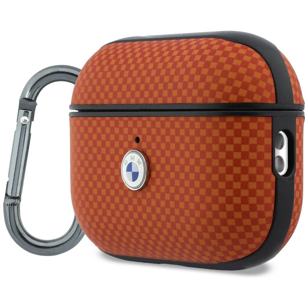 Rot-orange kariertes BMW AirPods-Style Ladecase mit Karabinerhaken auf weißem Hintergrund.