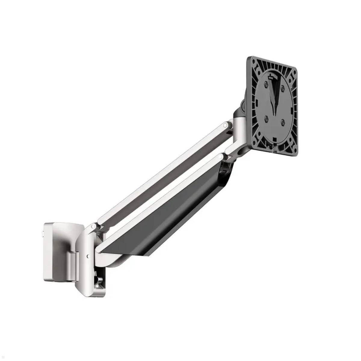 Verstellbarer wandmontierter Monitorarm diagonal ausgestreckt, mit quadratischer VESA-Befestigungsplatte auf weißem Hintergrund.