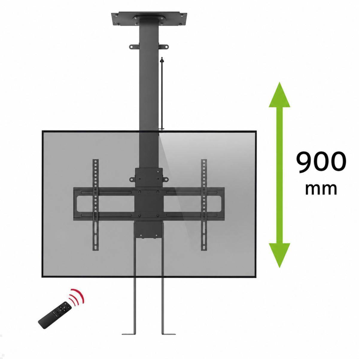 Zur Decke montierte TV-Halterung hinter einem 900 mm hohen Display, mit einem Fernbedienungssymbol, das eine verstellbare Höhe anzeigt.