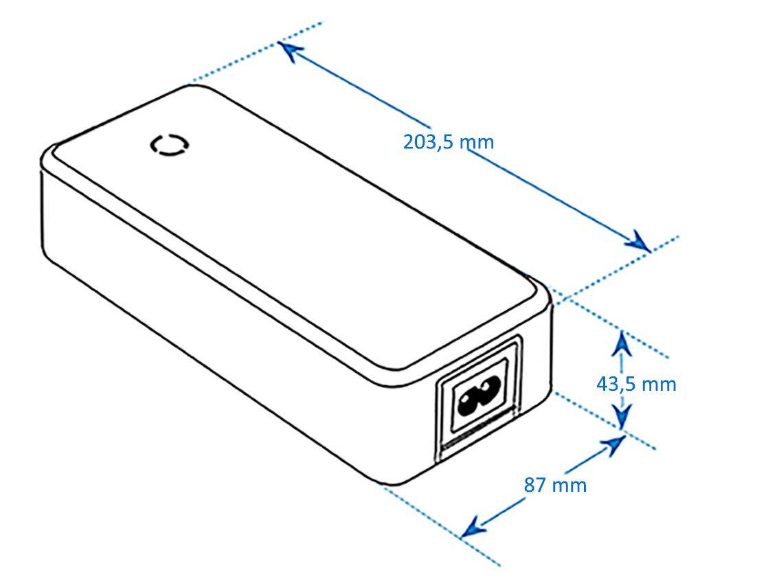 Technische Linienzeichnung eines rechteckigen Geräts mit beschrifteten Abmessungen von 203,5 mm Länge, 87 mm Breite und 43,5 mm Höhe.
