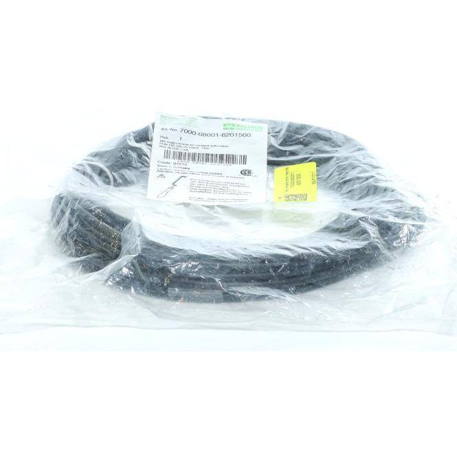 Aufgewickeltes schwarzes Kabel oder Schlauch in durchsichtige Kunststoffverpackung versiegelt mit Produktetikett und Strichcode oben.