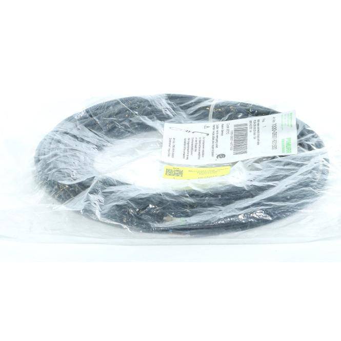 Aufgerolltes schwarzes Kabel, umwickelt mit durchsichtigem Kunststoff, mit angebrachtem Produktetikett.