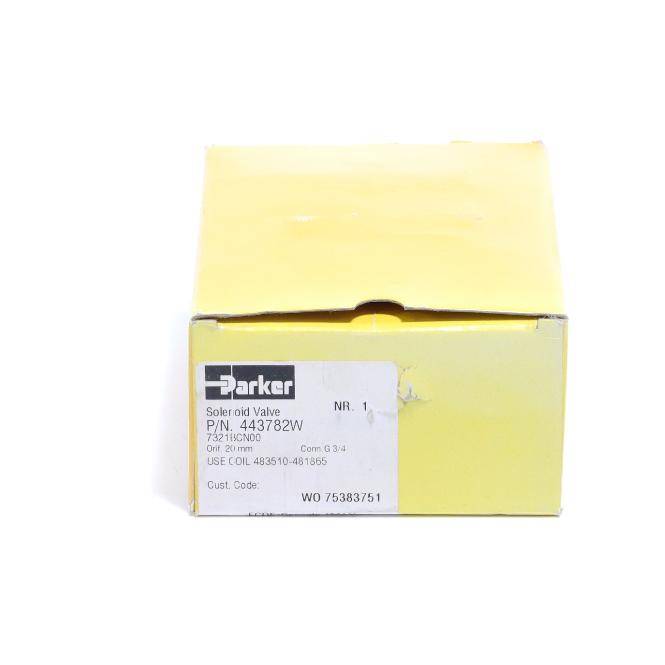 Gelbe Parker-Magnetventil-Box mit Produktetikett und Teilenummer auf der Vorderseite.