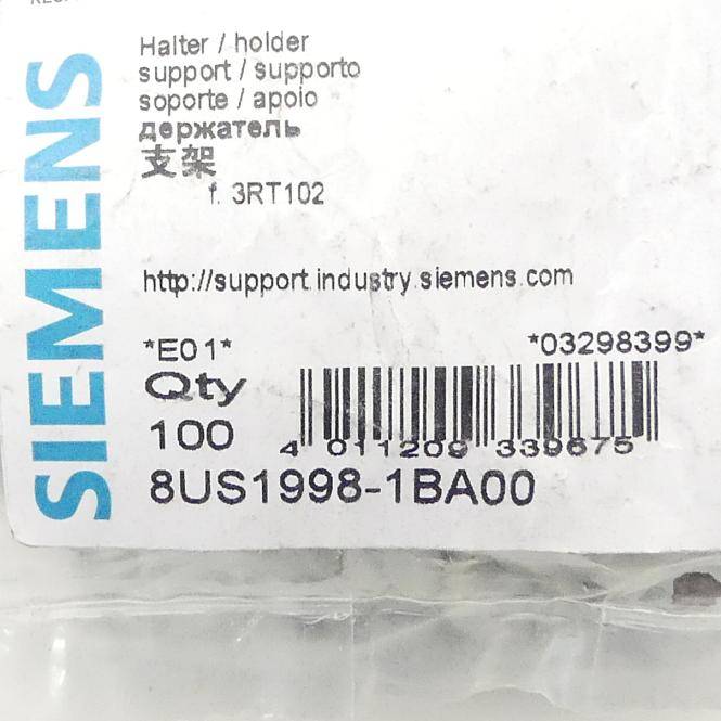 Siemens-Produktetikett für eine Halterung/Stütze, Teil 3RT102, Menge 100 und Strichcode auf der Verpackung.