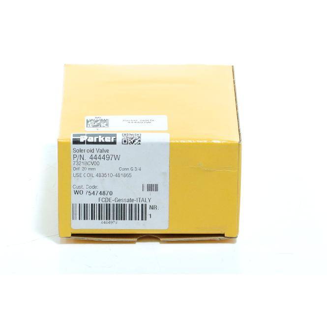 Gelbe Parker-Magnetventil-Box mit Produktetikett und Barcode auf der Vorderseite.
