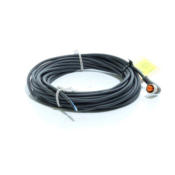 Aufgerolltes schwarzes Kabel mit einem runden orangefarbenen Stecker auf weißem Hintergrund.