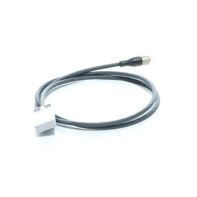 Aufgerolltes graues Kabel mit weißem rechteckigem Stecker und schwarzem Gewinde-Stecker auf weißem Hintergrund.