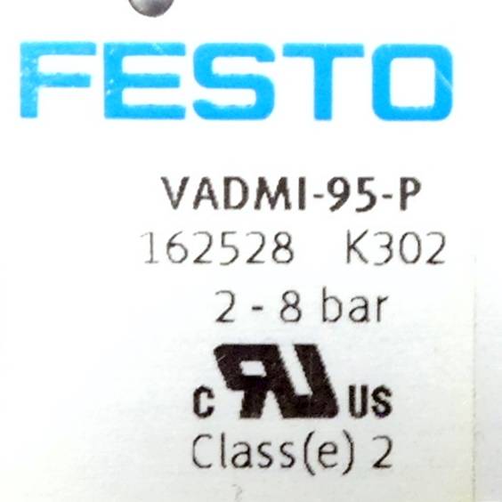 Festo VADMI-95-P Etikett mit Modell 162528 K302, Druckbereich 2-8 bar und Klasse(n) 2 Zertifizierungsmarkierungen.
