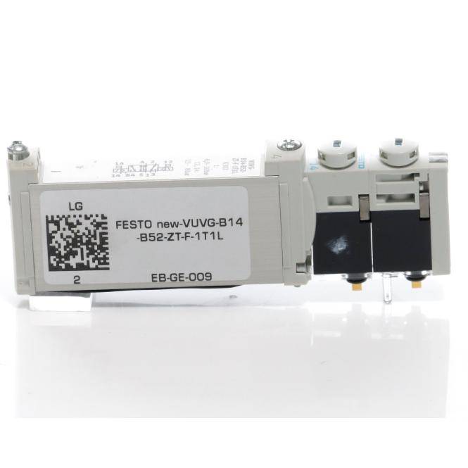 Nahaufnahme einer LG Festo-Pneumatikventilbaugruppe mit der Beschriftung "FESTO new-VUVG-B14-B52-ZT-F-1T1L"" mit QR-Code und Anschlüssen.