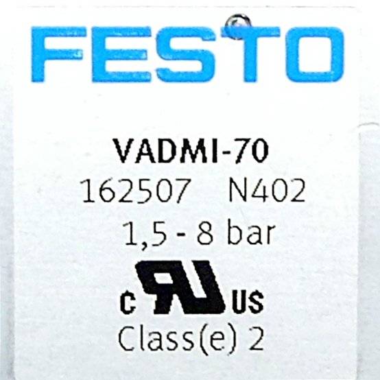 Festo VADMI-70 Industriebauteil-Etikett mit Modell 162507 N402, Druckbereich 1,5-8 bar und UL-Klasse-2-Zertifizierung.