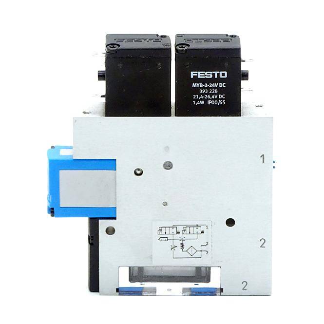 Festo-Magnetventil-Pneumatikventilbaugruppe mit zwei schwarzen Spulen auf einem Metallblock und blauem Stecker auf der linken Seite.