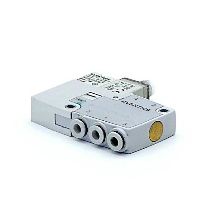 Silber-Aventics Pneumatik-Ventilmodul mit drei vorderen Anschlüssen auf weißem Hintergrund.