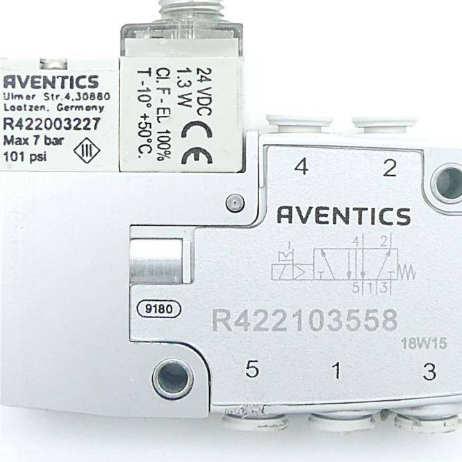 Nahaufnahme eines AVENTICS-Pneumatikventils/Verteilers mit der Bezeichnung R422103558, mit den Anschlüssen 1, 2, 3, 4 und 5 und 24-VDC-Spulenkennzeichnungen.