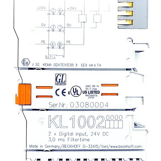 Ein Beckhoff KL1002 2-Kanal-Digitaleingangsmodul mit 24V DC, mit Verdrahtungsschema, Zertifizierungen und Seriennummer.