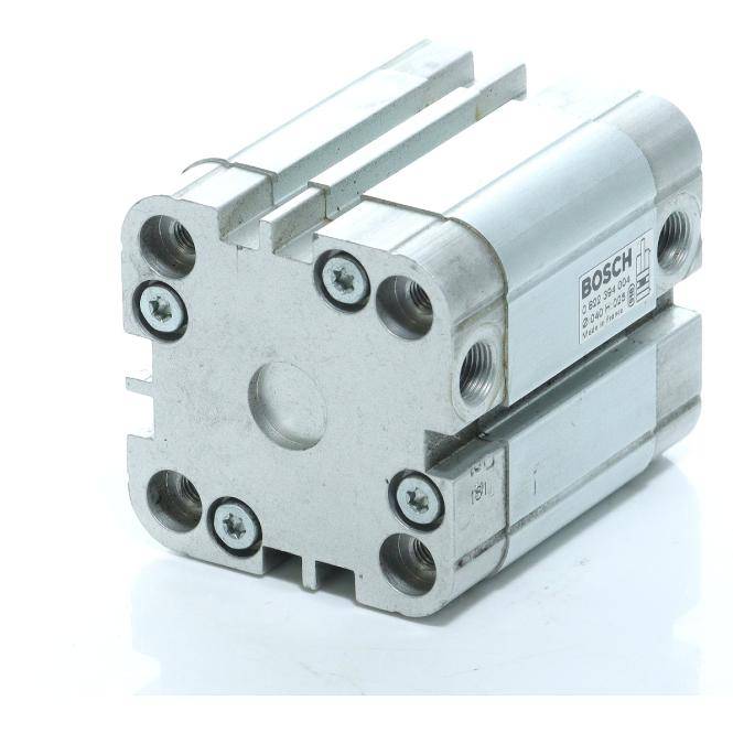 Silberner Bosch-Pneumatikantrieb oder -Zylinder mit mehreren Gewindeanschlüssen, shown on a white background.