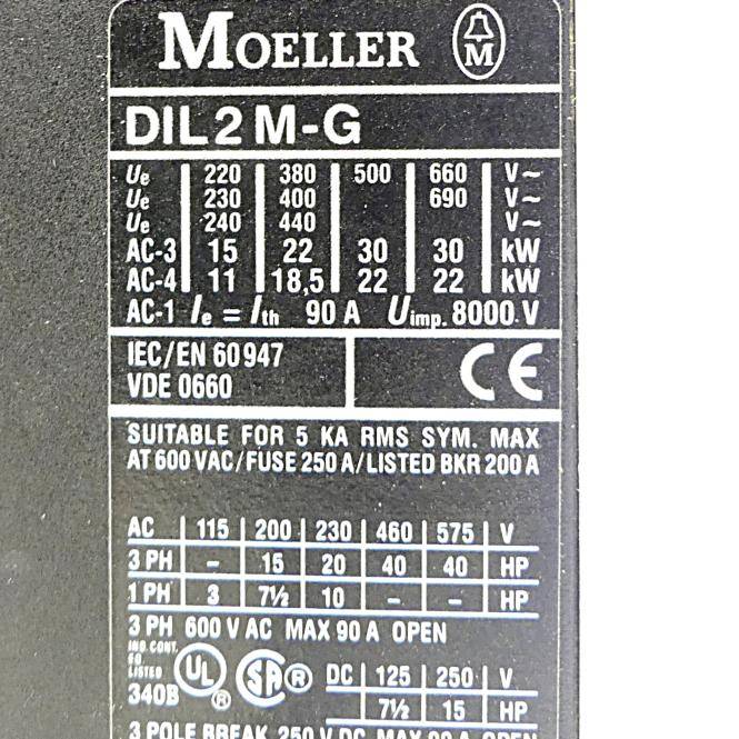 Moeller DIL2 M-G Kontaktor-Typenschild mit Angaben zu Spannung, Strom, Leistungsklassifizierung, Normen und Zertifizierungszeichen.