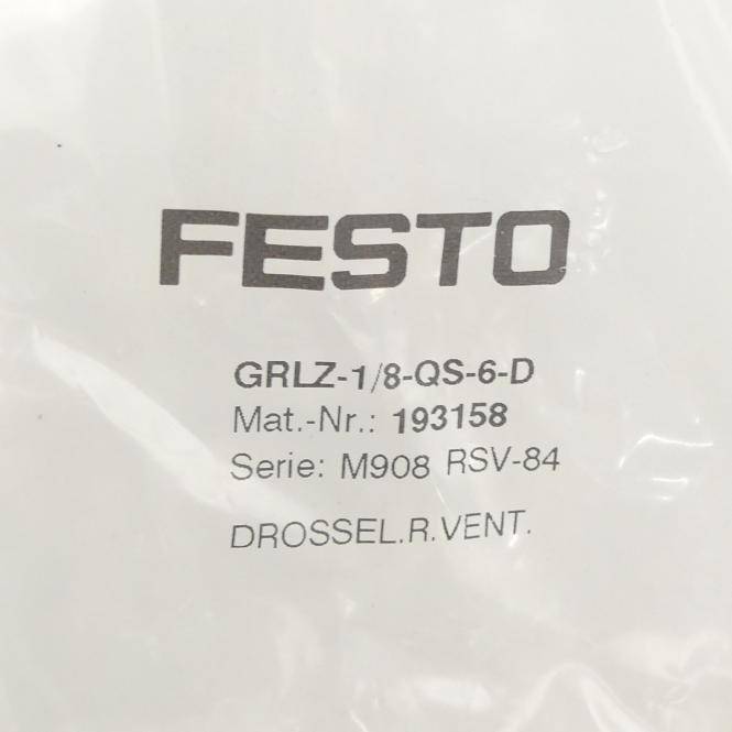 FESTO-Produktetikett mit Modell GRLZ-1/8-QS-6-D, Materialnummer 193158, Serie M908 RSV-84 und 'DROSSEL.R.VENT.