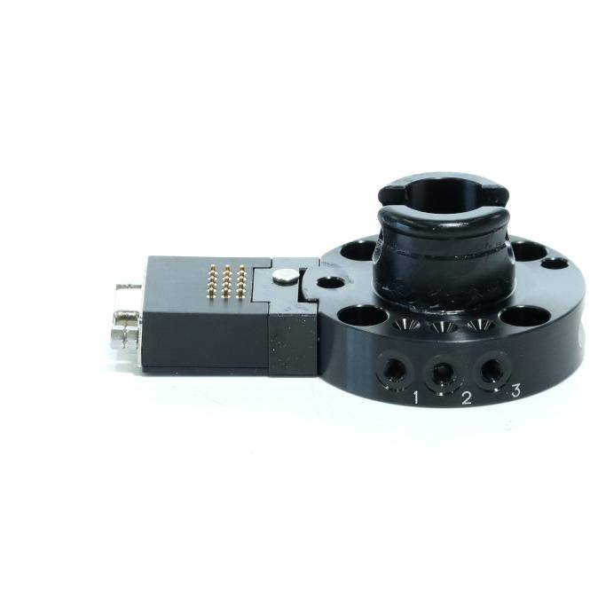 Schwarzer optischer Sensor oder Drehgeber-Komponente mit kreisförmigem Zifferblatt und nummerierten Positionen 1, 2 und 3 auf weißem Hintergrund.