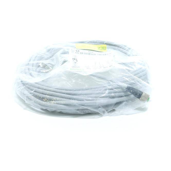 Aufgerolltes graues Kabel in durchsichtiger Kunststoffverpackung mit Produktetikett oben.