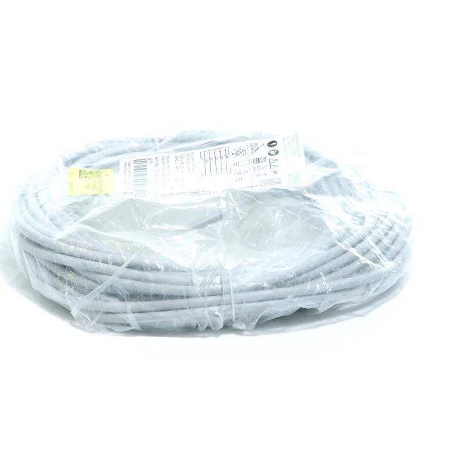 Aufgerolltes graues Kabel oder Schlauch in durchsichtiger Kunststoffverpackung mit einem Produktetikett oben drauf.