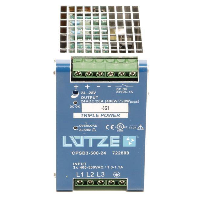 Blau Lutz Triple Power Stromversorgungsmodul mit Klemmleisten, gekennzeichnet mit 24V DC-Ausgang und 3-Phasen-400-500VAC-Eingang.